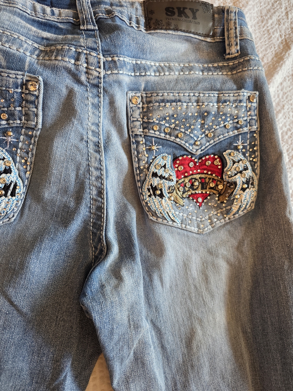 Sky Light Blue Boot Cut Jeans with Red Heart Embellished Back Pockets Size 11/12 - Picture 3 of 13